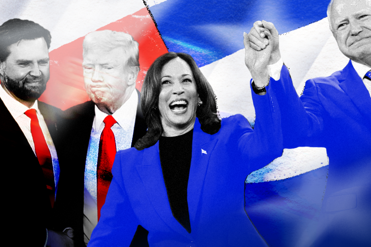 At left, J.D. Vance and Donald Trump are pictured in black suits, white shirts, and red ties. At right, Kamala Harris and Tim Walz hold hands and smile; the two wear blue suit jackets.