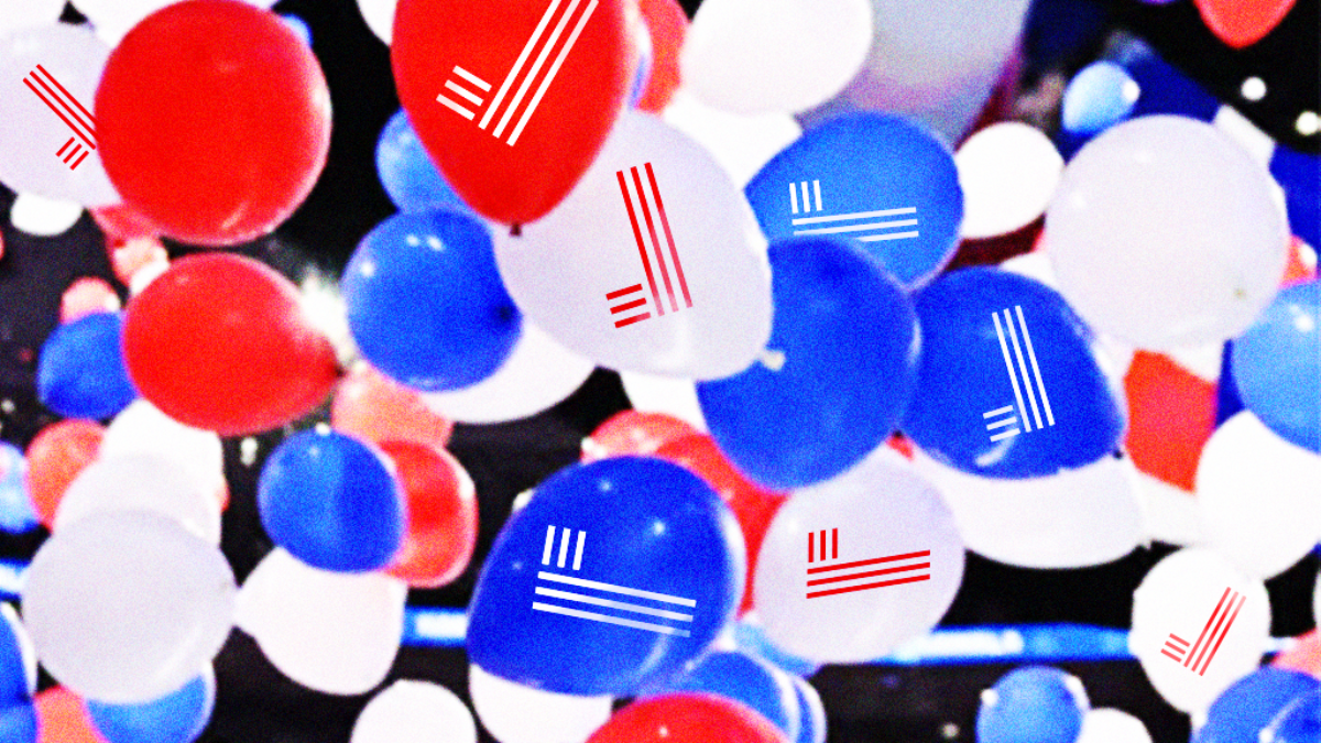 A 2024 general election results victory graphic. The graphic background is black, and it is filled with balloons floating at various angles. The balloons are red, white, and blue, and many of them have gun-sense checkmarks on them.