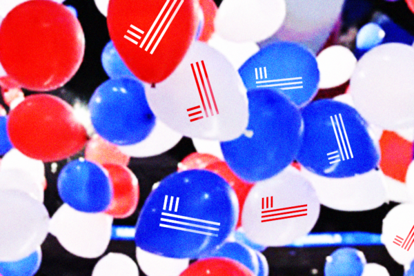 A 2024 general election results victory graphic. The graphic background is black, and it is filled with balloons floating at various angles. The balloons are red, white, and blue, and many of them have gun-sense checkmarks on them.
