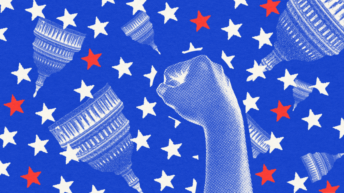 A blue background with white and red stars layered over top of it, as well as a blue-stippled fist and 7 upside-down Capitol domes. The image represents the power of 8 Moms Demand Action former volunteers who are running to flip the US House in the 2026 midterm elections.