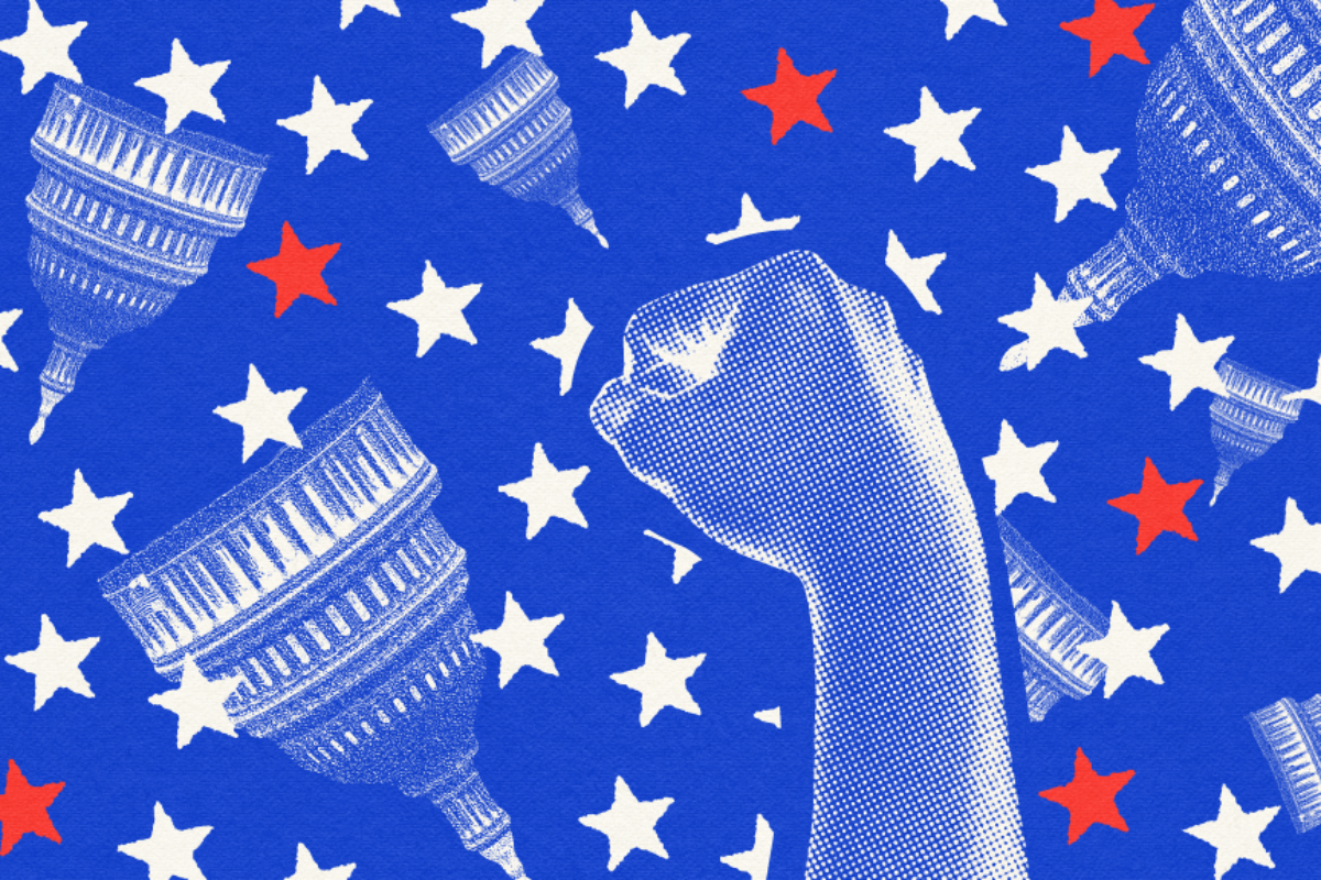 A blue background with white and red stars layered over top of it, as well as a blue-stippled fist and 7 upside-down Capitol domes. The image represents the power of 8 Moms Demand Action former volunteers who are running to flip the US House in the 2026 midterm elections.